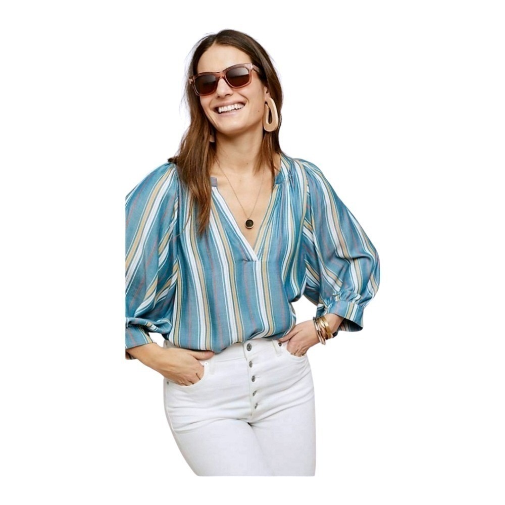 Maeve Womens Blue Striped Brenda Blouse M Balloon Sleeve V-Neck Boho Casual Top